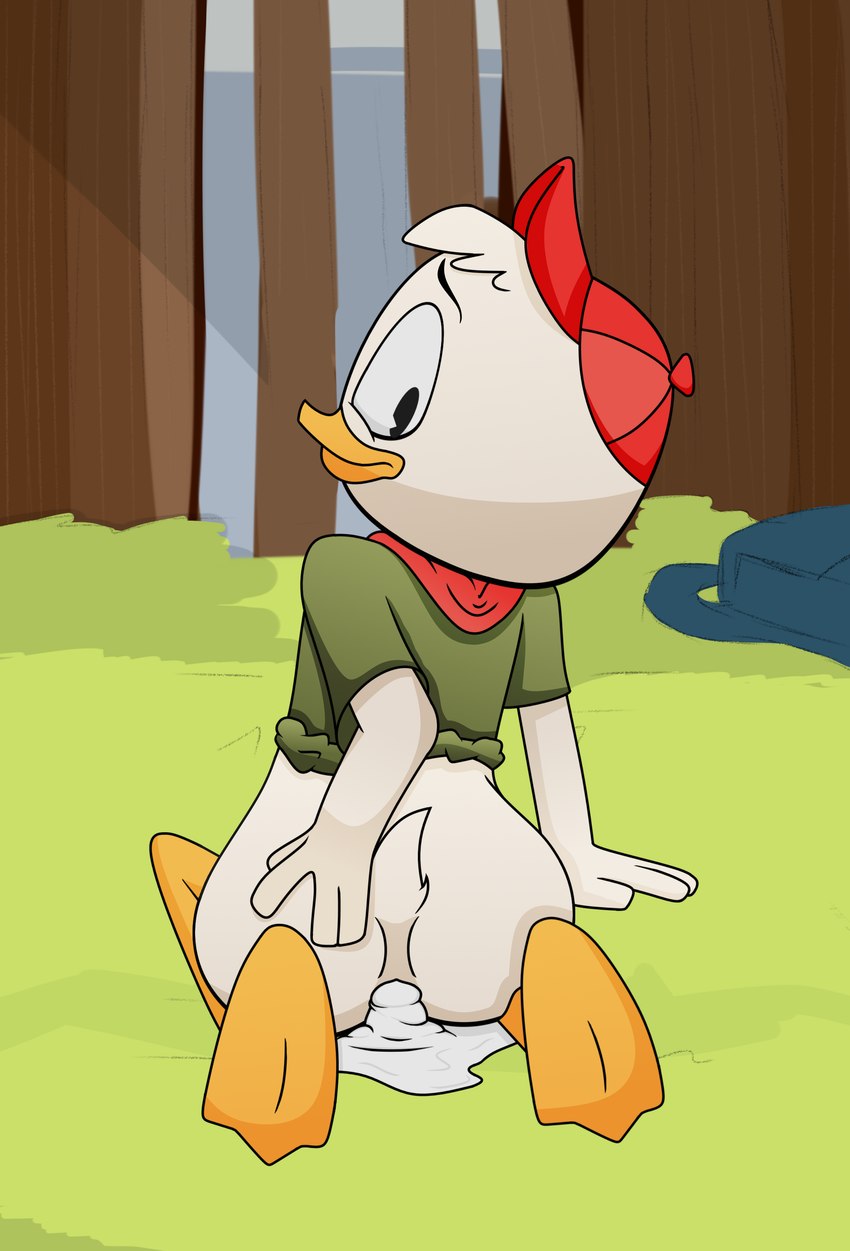 anthro bag bodily_fluids clothing cum cum_in_ass cum_inside forest genital_fluids grass grass_field hat headgear headwear leaking_cum male outside plant scout_uniform shota solo tree young young_anthro young_male amorousartist disney ducktales ducktales_(2017) huey_duck anatid anseriform avian bird duck absurd_res hi_res