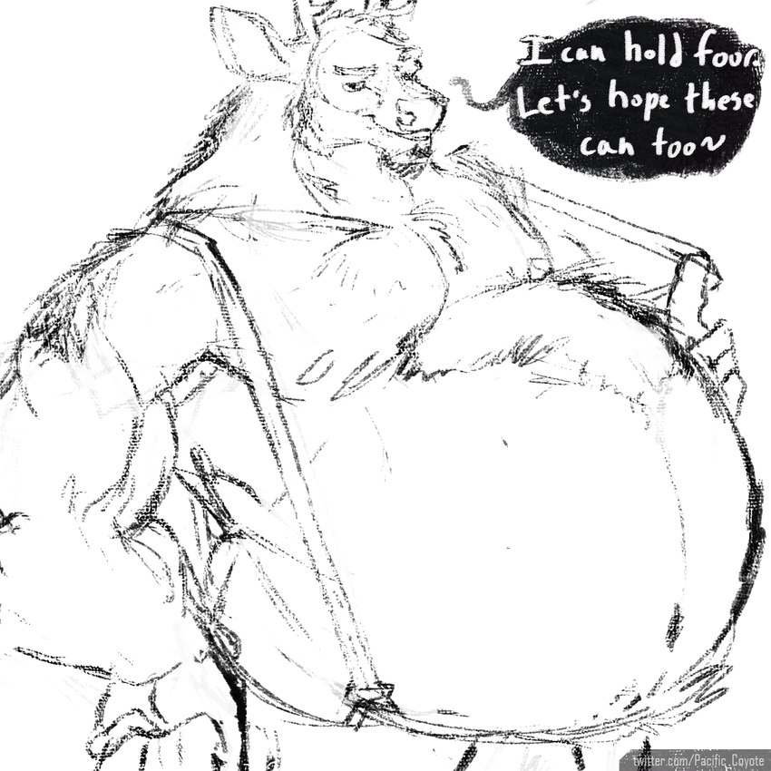 anthro belly belly_hair big_belly body_hair bottomwear clothing male musclegut muscular nipples overweight pants solo speech_bubble suspenders text wide_hips pacific_coyote kent_(pacific_coyote) deer mammal 1:1 2022 english_text hi_res monochrome sketch