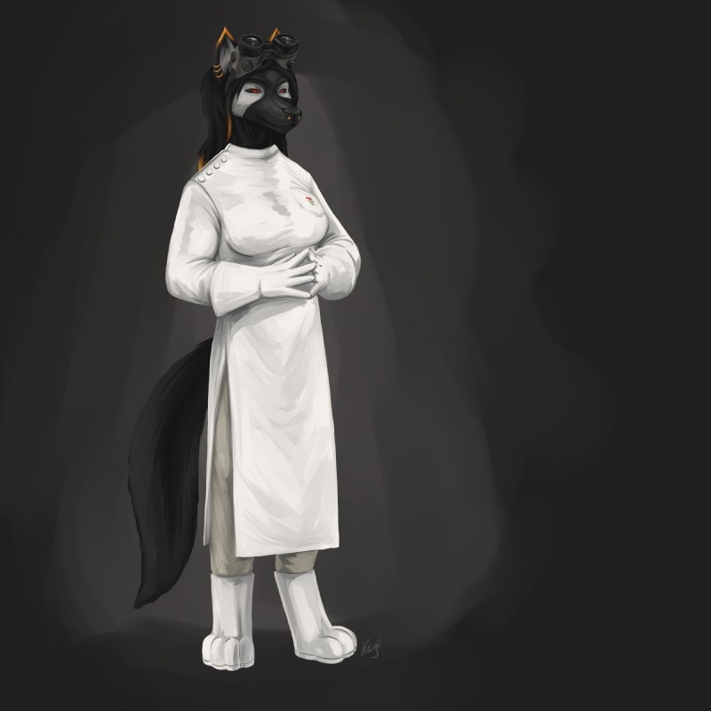 anthro ear_piercing facial_piercing female hair mad_scientist piercing solo supervillain kittykage dr._horrible's_sing-along_blog dr._horrible_(dhsab) saiya_darkfire canid canine deity demon mammal 1:1 hi_res