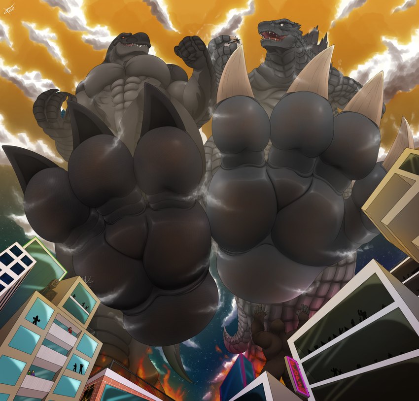 3_toes abs anthro biceps biped body_size_growth building city city_destruction claws cloud destruction dirty dirty_feet duo extreme_size_difference eye_contact feet fire fist fist_bump foot_fetish foot_focus gesture imminent_crush in_hand looking_at_another looming looming_foot low-angle_view macro male muscular muscular_anthro muscular_male open_mouth orange_sky pecs scales size_difference size_transformation sky soles stomping_pov teeth text toe_claws toes transformation xamz godzilla_(series) toho godzilla king_kong typhek xavier_(xamz) dinosaur fish haplorhine mammal marine monkey prehistoric_species primate reptile scalie shark theropod tyrannosaurid tyrannosauroid tyrannosaurus tyrannosaurus_rex absurd_res english_text hi_res