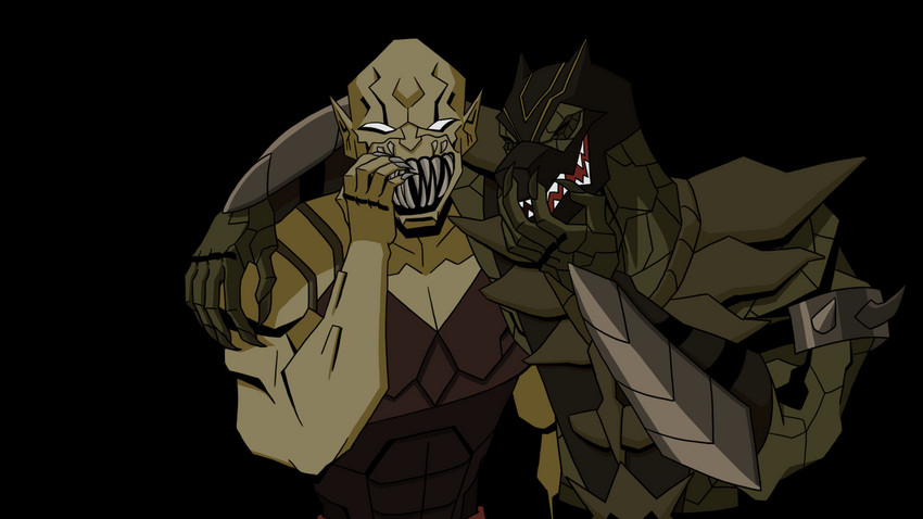 abs anthro armor biceps big_muscles big_teeth claws clothed clothing duo fully_clothed green_body green_scales green_skin humanoid_pointy_ears laugh laughing_at male mask muscular muscular_anthro muscular_male pecs pointy_ears scales sharp_teeth snout spikes teeth white_eyes bk_hat sonichaxd girls_laughing_(meme) mortal_kombat baraka reptile_(mortal_kombat) humanoid lizard monster reptile saurian_(mortal_kombat) scalie tarkatan 16:9 alpha_channel hi_res meme reaction_image widescreen