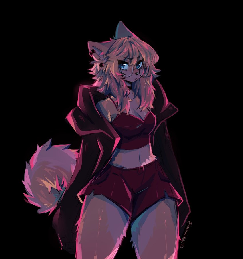 anthro belt black_background blonde_hair blue_eyes bottomwear breasts cleavage clothed clothing coat ear_piercing eyewear female fur glasses hair long_hair looking_aside looking_away midriff navel piercing shirt shorts simple_background solo standing tank_top topwear anakoluth aska_(anakoluth) canid canine canis domestic_dog mammal digital_media_(artwork) hi_res shaded