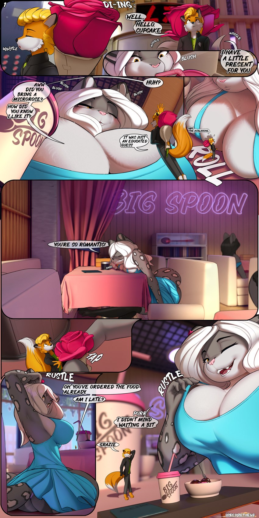 anthro breasts clothing container cup cutlery dialogue dress duo extreme_size_difference female flower greeting kitchen_utensils macro male male/female micro plant restaurant rose_(flower) size_difference spoon suit text tools discordthege starlia_(lightly-san) canid canine felid fox mammal pantherine snow_leopard 1:2 2024 absurd_res comic english_text hi_res