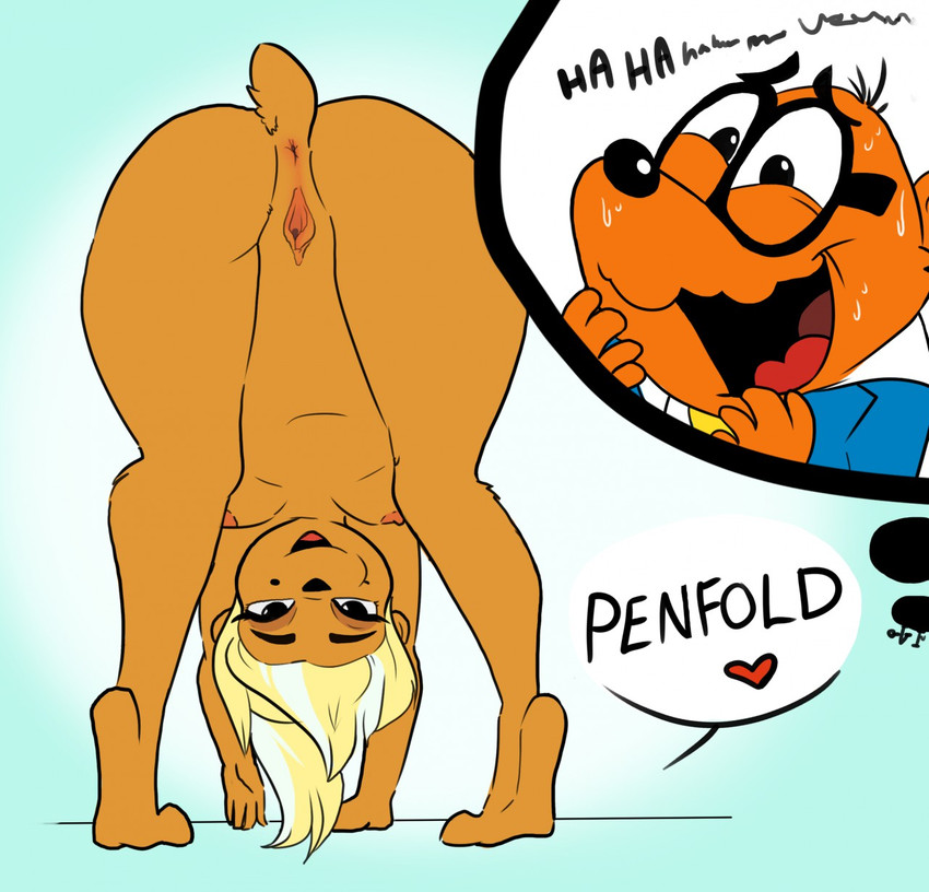 all_fours anthro anus areola ass_up bent_over blonde_hair bodily_fluids breasts brown_body butt clitoris downward_dog_pose duo eyewear female female_focus genitals glasses hair hands_on_ground hanging_breasts head_down_ass_up heart_symbol laugh looking_at_viewer looking_back looking_back_at_viewer looking_through looking_through_legs looking_through_legs_at_viewer male nipples nude plantigrade presenting presenting_anus presenting_hindquarters presenting_pussy pussy rear_view smile smiling_at_viewer solo_focus spread_legs spread_pussy spreading sweat text tiptoes upside_down_face jabberwockychamber danger_mouse_(series) ernest_penfold scarlet_johamster cricetid hamster mammal rodent 2019 hi_res