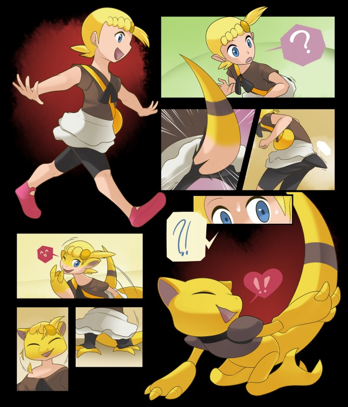 anthro blonde_hair blue_eyes bottomwear clothing exclamation_point eyes_closed female growth hair heart_symbol human_to_anthro kneeling open_mouth skirt smile solo species_transformation standing surprise tail tail_growth torn_clothing transformation young fujoshiineko nintendo pokemon bonnie_(pokemon) abra generation_1_pokemon human mammal pokemon_(species) 2019 absurd_res alpha_channel hi_res