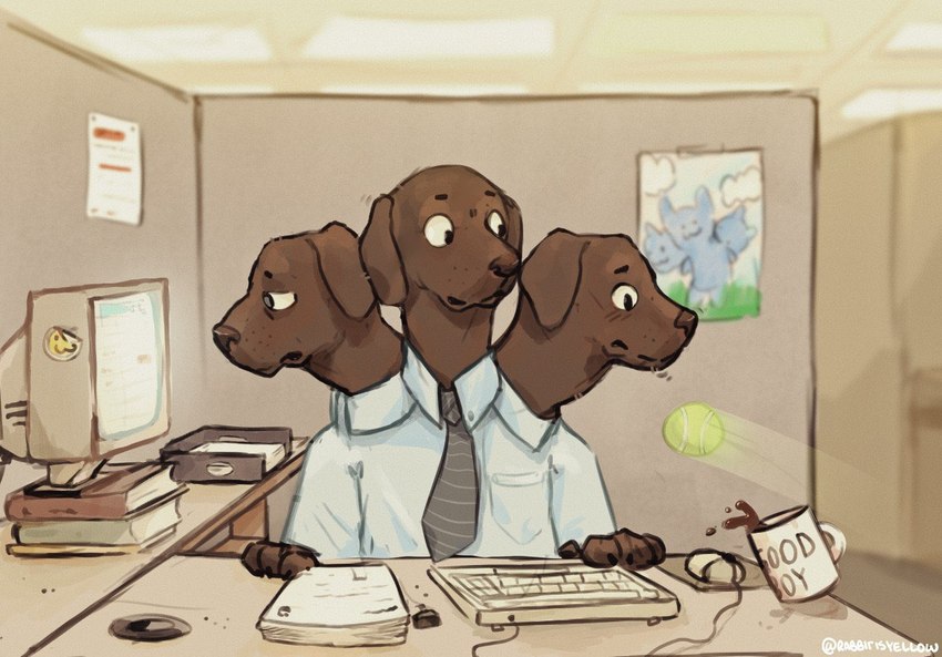 3_heads anthro ball brown_body brown_fur clothed clothing coffee_mug computer detailed_background electronics fur inside multi_head necktie shirt solo tennis_ball topwear donkeyramen canid canine canis domestic_dog mammal 2020