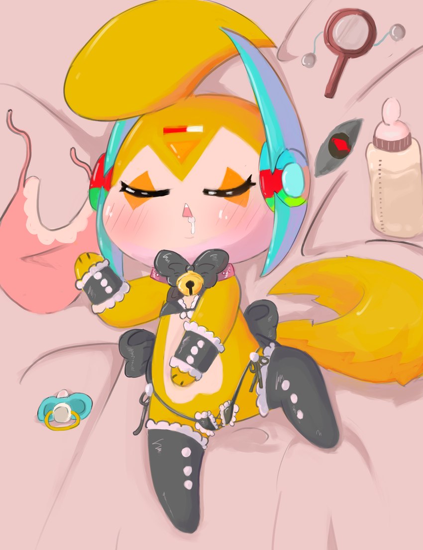 ambiguous_gender anthro baby_bottle bed bell bell_collar bib bodily_fluids bottle bow_tie collar container drooling eyes_closed fur furniture nipples pacifier saliva sexy_underwear sleeping solo toy yellow_body yellow_fur bawu bawu_(character) absurd_res hi_res