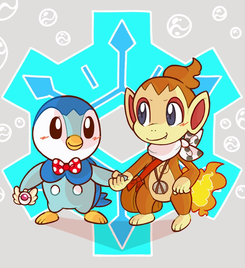 badge bow_tie duo explorer_badge feral hand_holding male relic scarf time_gear aimer_arts nintendo pokemon pokemon_mystery_dungeon spike_chunsoft chimchar generation_4_pokemon piplup pokemon_(species) hi_res