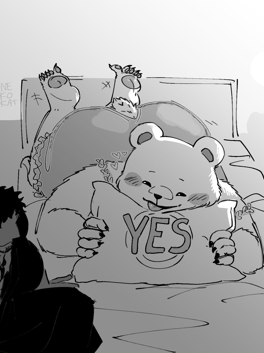 anthro bed blep blush blush_lines butt clothed clothing duo furniture heart_symbol hearts_around_head lying male male/male on_front pawpads pillow smile tongue tongue_out underwear underwear_only yes-no_pillow yes_pillow nekokat42 one_piece bepo_(one_piece) trafalgar_law bear human mammal polar_bear ursine hi_res meme monochrome