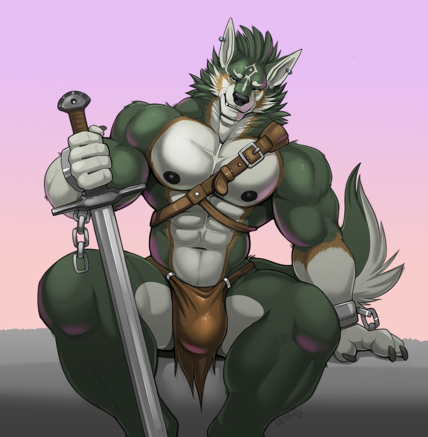 abs anthro anthrofied big_muscles bottomwear bulge clothing front_view fur green_body green_fur green_hair hair loincloth looking_at_viewer male melee_weapon muscular muscular_anthro muscular_male nipples pecs simple_background sitting solo sword tail weapon vexedlupine nintendo the_legend_of_zelda twilight_princess link_(wolf_form) canid canine canis mammal wolf hi_res