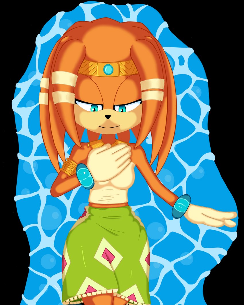 5_fingers anthro armband bottomwear breasts clothing female fingers hair headgear headwear orange_body orange_hair skirt smile solo teal_eyes topwear water thecakeee sega sonic_adventure sonic_the_hedgehog_(series) tikal_the_echidna echidna mammal monotreme 2021 alpha_channel digital_media_(artwork) hi_res