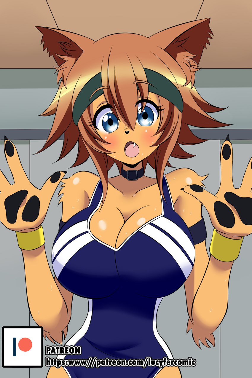 accessory armband big_breasts black_collar black_neck_accessory black_neckwear blue_clothing blue_eyes blue_one-piece_swimsuit blue_swimwear breasts brown_body brown_fur brown_hair claws clothed clothing collar female fur hair headband headgear monster_girl_(genre) neck_accessory neckwear one-piece_swimsuit solo swimwear lucyfercomic monster_musume polt_(monster_musume) canid canine japanese_kobold mammal 2:3 absurd_res hi_res