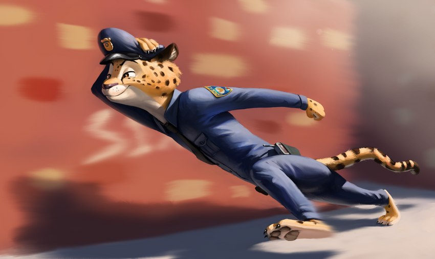 anthro blurred_background clothed clothing day fully_clothed fur hat headgear headwear markings outside police police_uniform running shadow solo spots spotted_body spotted_fur uniform white_body white_fur yellow_body yellow_fur s1m disney zootopia cheetah felid feline mammal 2022 digital_media_(artwork) hi_res