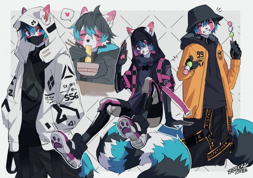 5_fingers ahoge anthro black_hair blue_eyes blush blush_lines bowl bucket_hat buckle chopsticks claws clothing container dork eating eating_food eyes_closed face_mask finger_claws fingerless_gloves fingers food fur gloves grin grinning_at_viewer hair handwear heart_symbol highlights_(coloring) hoodie jacket male mochi noodle_bowl noodles number_on_clothing number_on_topwear offering_food pawpad_shoes pawpads pink_body pink_fur pink_pawpads ramen smile solo speech_bubble straps streetwear techwear text text_on_clothing text_on_topwear topwear white_body white_fur zuekrz vivid_(character) ailurid mammal red_panda collage_(disambiguation) 2021 sketch