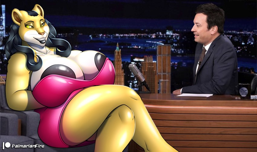 anthro areola big_areola big_breasts black_nipples breasts female huge_breasts interview male mature_female nipples overweight solo thick_thighs palmarianfire jimmy_fallon palmarian_(lioness) hi_res