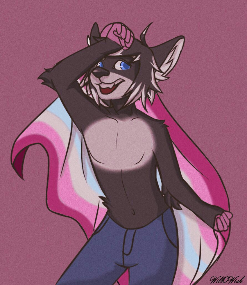 anthro black_body black_fur blue_eyes bulge clothed clothing ear_tuft fur hair lgbt_pride male pomosexual_pride_colors pride_colors solo tattoo topless tuft will-o-wish~ lgbt_pride_month sebaschan_cat felid feline mammal