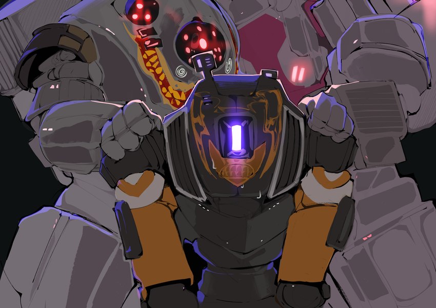 4_fingers biped black_background black_body blue_eyes fingers glowing glowing_eyes gold_body grey_body group hand_on_shoulder machine male male/male mecha metallic_body multi_eye multicolored_body not_furry orange_body red_eyes simple_background size_difference standing trio white_body kogito electronic_arts respawn_entertainment titanfall titanfall_2 legion_(titanfall) ronin_(titanfall) scorch_(titanfall) robot 2025 absurd_res hi_res