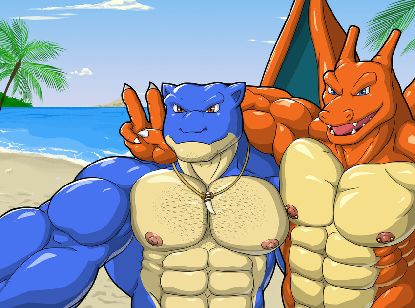 abs anthro anthrofied beach body_hair chest_hair duo gesture hand_gesture jewelry looking_at_viewer male male/male muscular muscular_anthro muscular_male necklace nipple_piercing nipples outside pecs piercing seaside selfie smile v_sign wings nanbuskhan nintendo pokemon blastoise charizard generation_1_pokemon pokemon_(species) 2020 hi_res