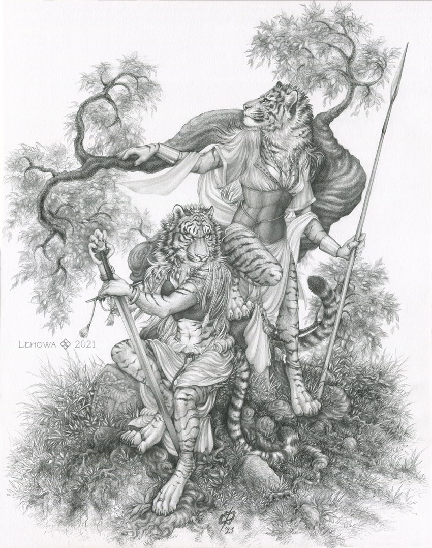 ancient ancient_greece anthro duo female medieval melee_weapon nature plant polearm realistic spear sword tree viking warrior weapon lehowa felid mammal pantherine tiger black_and_white detailed greyscale hi_res monochrome