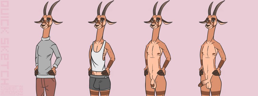 anthro balls bedroom_eyes bottomwear boxers_(clothing) boxers_only bulge circumcised clothed clothing dark_nose erection fingers flaccid genitals grey_clothing hands_on_hips hooved_fingers hooves horn humanoid_genitalia humanoid_penis light_body long_ears long_neck looking_at_viewer male markings mostly_nude multicolored_body narrowed_eyes nipples nude penis pink_background seductive sexy_eyes simple_background simple_coloring simple_eyes smile solo standing stripes sweater tan_body topless topwear turtleneck two_tone_body underwear underwear_only sweet.lemons disney zootopia pronk_oryx-antlerson antelope bovid bovine gemsbok grazing_antelope kudu mammal oryx spiral-horned_antelope 2023 absurd_res digital_drawing_(artwork) digital_media_(artwork) digital_painting_(artwork) hi_res signature