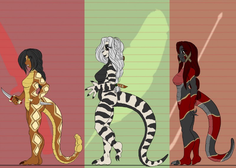 2_toes anthro arm_markings barefoot black_body black_hair black_scales black_stripes braided_hair breasts brown_body brown_eyes bust_chart butt chart claws countershade_tail countershading dagger feathers feet female group hair height_chart leg_markings lined_paper lineup long_tail markings melee_weapon multicolored_body native_american naturally_censored non-mammal_breasts nude profile rattle_(anatomy) red_eyes red_hair ring_(marking) ringed_tail scales side_view simple_background smile striped_body striped_markings striped_skin striped_tail stripes tail tail_markings thick_tail toe_claws toes weapon white_body white_hair yellow_eyes avencri tina_of_the_south senita sitala cobra colubrid coral_snake diamondback_rattlesnake elapid_(snake) kingsnake lampropeltini pit_viper rattlesnake reptile scalie snake viper digital_media_(artwork) full-length_portrait model_sheet multiple_images portrait