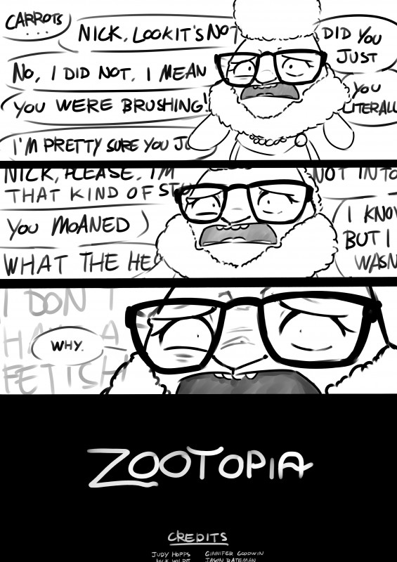 anthro close-up clothed clothing dialogue eyewear female glasses group humor jewelry necklace solo_focus speech_bubble text alec8ter conditional_dnp disney zootopia dawn_bellwether judy_hopps nick_wilde bovid canid canine caprine domestic_sheep fox lagomorph leporid mammal rabbit sheep 2016 absurd_res comic credits english_text hi_res monochrome