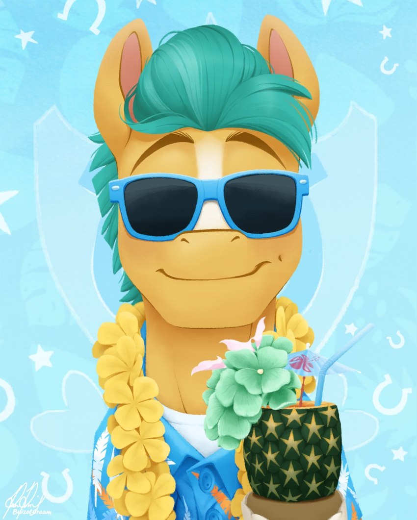 aloha_shirt aquamarine_hair bendy_straw blaze_(marking) clothing drinking_straw eyebrows eyewear facial_markings floral flower flower_garland food fruit garland head_markings lei male markings pattern_clothing pattern_shirt pattern_topwear pineapple pineapple_drink plant shirt smile solo sunglasses topwear turquoise_hair umbrella_drink bcpony hasbro mlp_g5 my_little_pony hitch_trailblazer_(mlp) earth_pony equid equine horse mammal pony hi_res