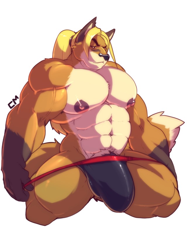 abs anthro barely_visible_genitalia biceps big_muscles biped blonde_hair bulge clothed clothing fur genitals hair huge_muscles kneeling male muscular muscular_anthro muscular_male nipples pecs penis pubes solo thong topless underwear vein cursedmarked thoron canid canine fox mammal 4:5 hi_res