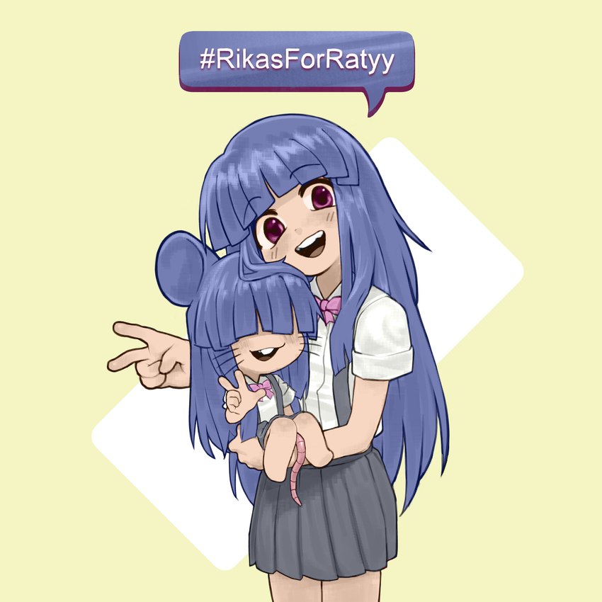 alternate_species anthro clothed clothing duo female furrification gesture hand_gesture hashtag rat_tail size_difference square_crossover tail text v_sign pettankon higurashi_no_naku_koro_ni furude_rika human mammal murid murine rat rodent 1:1 absurd_res english_text hi_res