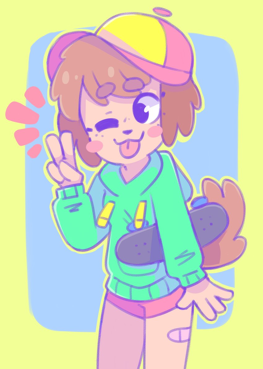 4_fingers anthro band-aid band-aid_on_leg bandage bangs baseball_cap black_eyes black_nose blep border bottomwear brown_hair clothing female fingers floppy_ears fluffy_ears fur gesture glistening glistening_eyes glistening_hair green_background green_clothing green_hoodie green_topwear hair hand_gesture hat headgear headwear hoodie looking_away one_eye_closed pink_cheeks red_bottomwear red_clothing red_hat red_headwear red_shorts shorts simple_background skateboard skater solo standing tail tan_body tan_fur thin_thighs tongue tongue_out topwear v_sign vehicle wink yellow_border graskip canid canine canis domestic_dog mammal 2018 absurd_res colored hi_res shaded