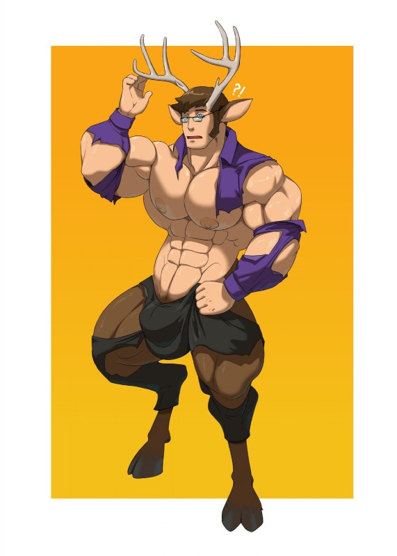 after_transformation anthro antlers big_muscles clothing cloven_hooves confusion eyewear glasses growth hooves horn male muscular muscular_anthro muscular_male nipples solo surprise surprise_transformation torn_clothing transformation unguligrade kartos cernunnos deer humanoid mammal satyr hi_res