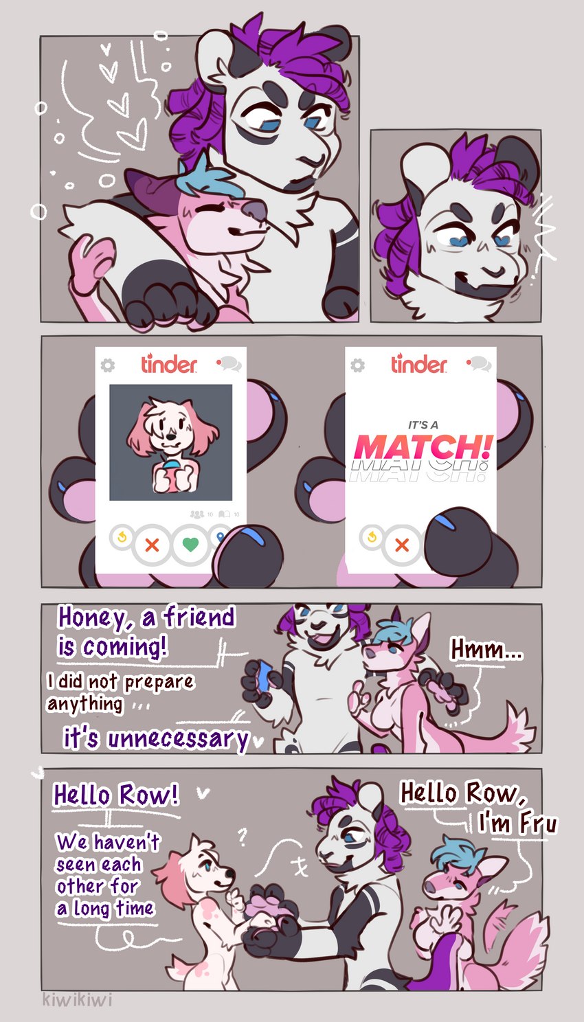 anthro bisexual blue_eyes dialogue female fur greeting group hair male male/female male/male match pink_body pink_fur purple_hair simple_background smile tentacles text trio kiwikiwi555 tinder_(app) fruit_(character) kelmor_(kelmor_daem) rowie_(character) canid canine canis domestic_dog felid lion mammal pantherine wolf 4:7 absurd_res comic english_text hi_res