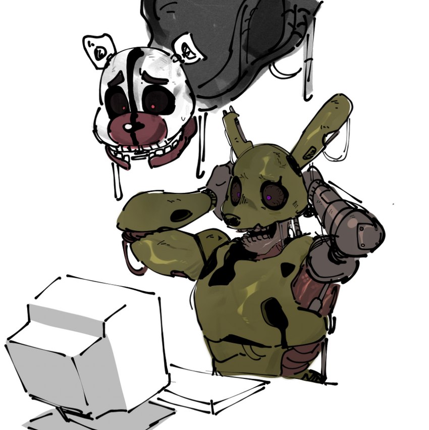 anthro computer duo electronics hand_on_head horrified humor keyboard machine male notched_ear teeth goonie-san five_nights_at_freddy's five_nights_at_freddy's_3 freddy_fazbear's_pizzeria_simulator scottgames burntrap_(fnaf) springtrap_(fnaf) the_blob_(fnaf) william_afton_(fnaf) animatronic bear lagomorph leporid mammal rabbit robot 2021 reaction_image