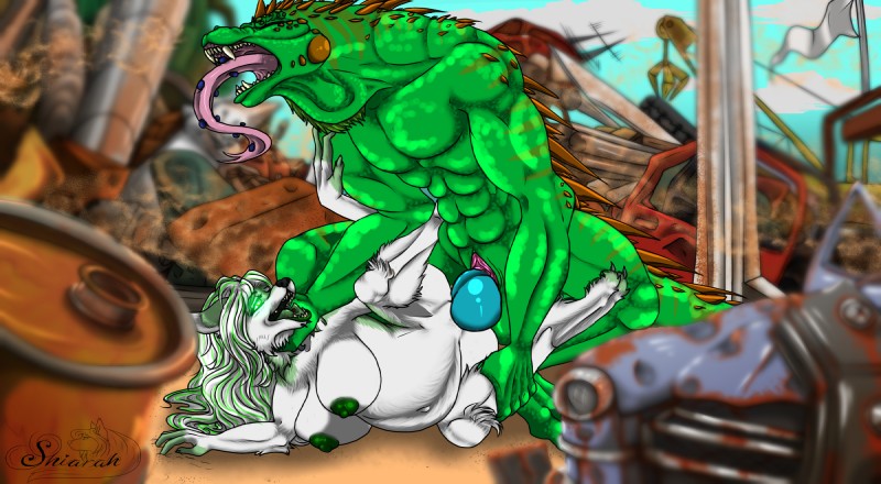 belly breasts bulge desert detailed_background dewlap_(anatomy) duo fangs female genitals glowing gular_flap highlights_(coloring) inflation junkyard knot magic male male/female nipples penis piercing spikes sub-tympanic_shield teeth tongue shiarah raiden_(raidens_claws) shiarah_(character) canid canine canis iguana iguanid lizard mammal reptile scalie were wolf hi_res