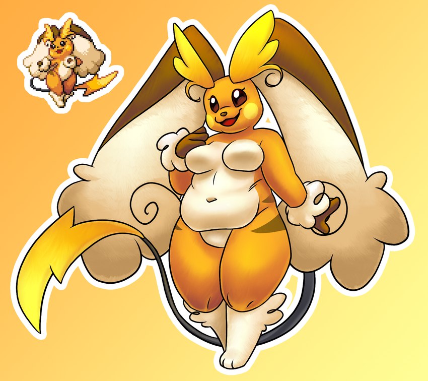 anthro beady_eyes big_ears breasts brown_body brown_eyes brown_fur eyelashes featureless_breasts featureless_crotch female floppy_ears fur fusion lop_ears navel open_mouth open_smile orange_body orange_fur overweight overweight_female pokemon_fusion rosy_cheeks simple_background smile solo thick_thighs white_body white_fur wide_hips yellow_background astralsheep fakemon nintendo pokemon pokemon_infinite_fusion raipunny_(mope7) generation_1_pokemon generation_4_pokemon hybrid lopunny pokemon_(species) raichu hi_res