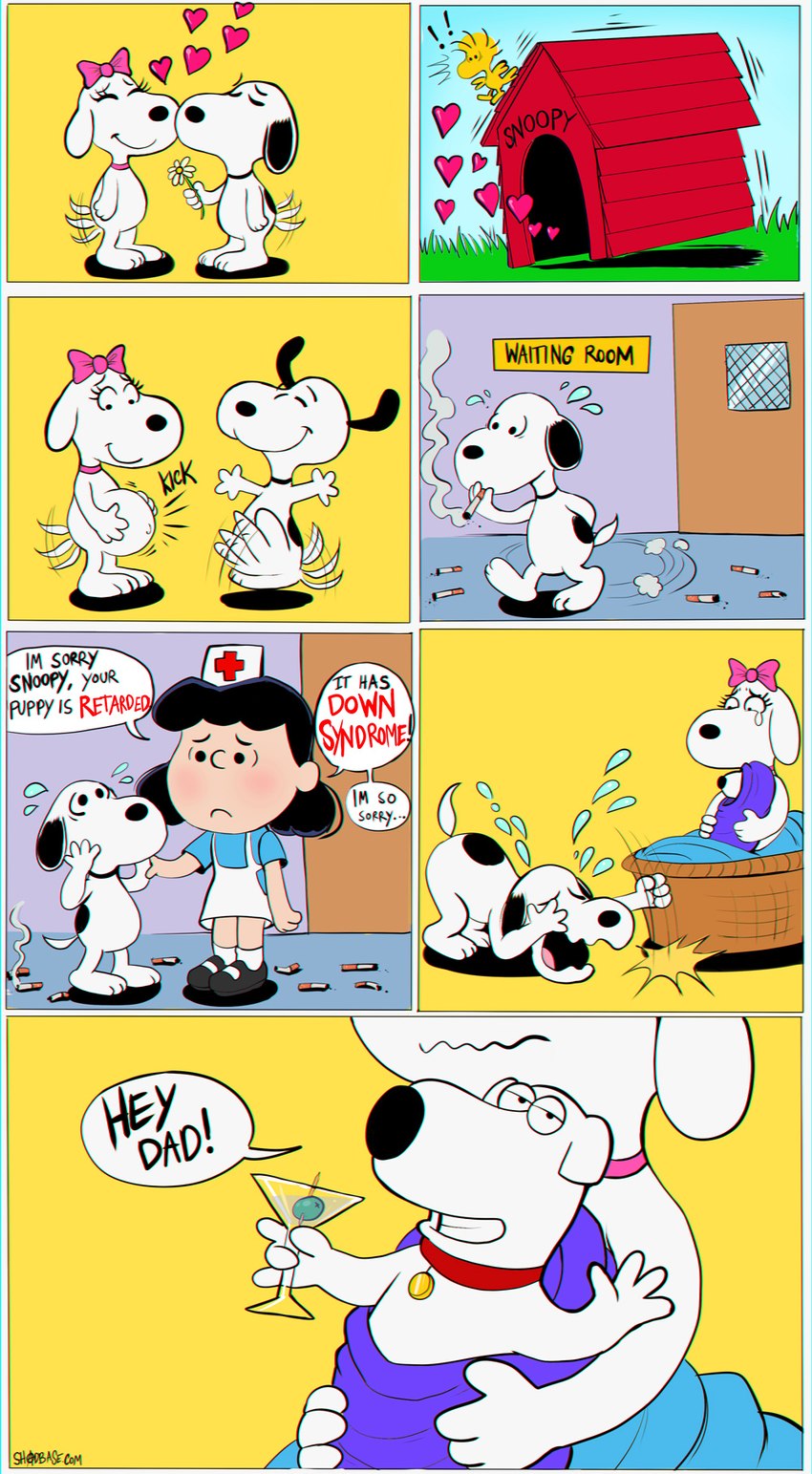 accessory anthro bodily_fluids bow_(feature) bow_accessory bow_ribbon cigarette collar crying dialogue female hair_accessory hair_bow hair_ribbon happy heart_symbol humor male pregnant ribbons sad tears text shadman 20th_century_fox family_guy fuzzy_door_productions peanuts_(comic) brian_griffin lucy_van_pelt snoopy woodstock_(peanuts) canid canine canis domestic_dog human mammal comic english_text hi_res