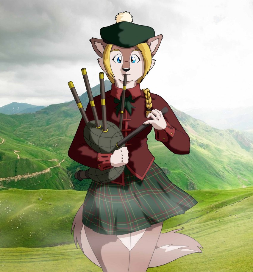 anthro bagpipes blue_eyes bottomwear clothing female fur hat headgear headwear kilt multicolored_body multicolored_fur musical_instrument solo tam_o'_shanter topwear two_tone_body two_tone_fur wind_instrument woodwind_instrument xxsparcoxx canid canine canis mammal wolf 2015 digital_media_(artwork) hi_res