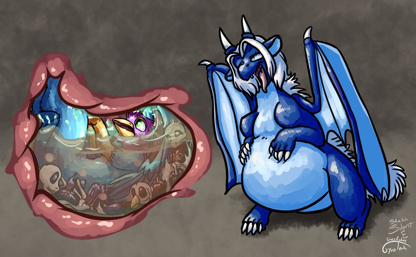 abdominal_bulge anthro blue_body blue_eyes blue_scales bodily_fluids bone countershading female female_pred feral feral_pred feral_prey gore graphic_digestion hair internal larger_pred membrane_(anatomy) membranous_wings multiple_prey neck_bulge oral_vore organs quadruped scales skull stomach stomach_acid tongue tongue_out vore white_hair wings gyrotech silent_e mythology blitzstoat_(gyro) luvashi avian bird dragon galliform mammal mustelid musteline mythological_creature mythological_scalie peafowl phasianid scalie stoat true_musteline weasel hi_res