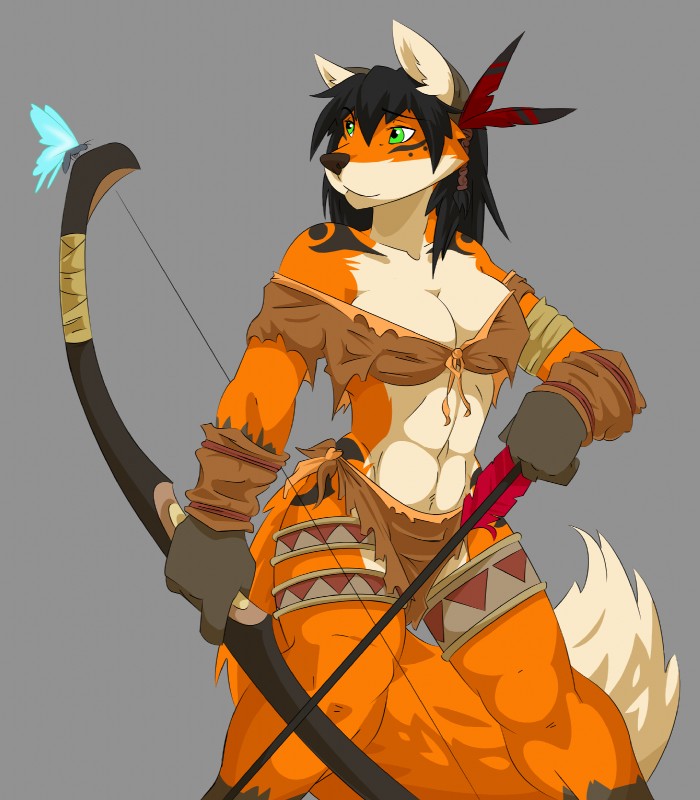 abs anthro archer arrow_(weapon) black_hair bow_(weapon) duo feathers female feral fur gloves_(marking) green_eyes grey_background hair holding_object holding_weapon leg_markings markings orange_body orange_fur ranged_weapon simple_background socks_(marking) solo_focus tattoo tribal weapon white_body white_fur rinkai arthropod butterfly canid canine fox insect lepidopteran mammal hi_res