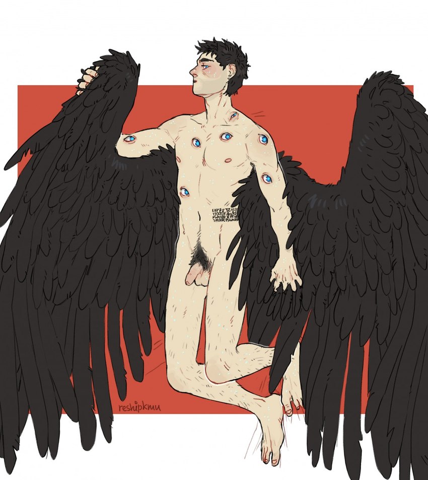 balls black_body black_feathers black_hair black_wings blue_eyes blush eyes_on_arms eyes_on_body eyes_on_chest feathered_wings feathers flaccid genitals hair humanoid_genitalia humanoid_penis male not_furry nude penis red_background simple_background solo white_background wings reshipkmn supernatural_(tv_show) castiel angel angel_humanoid humanoid winged_humanoid 2020 hi_res