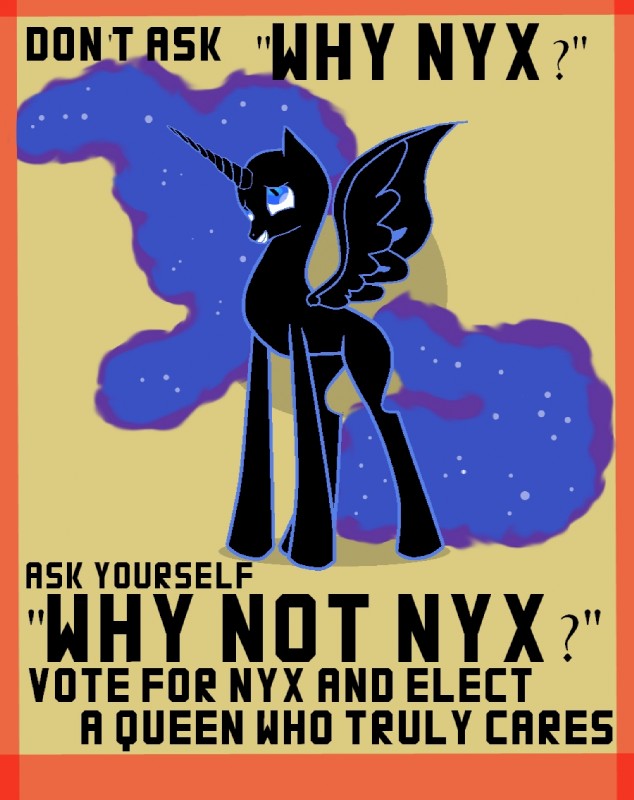 black_body black_feathers election feathered_wings feathers female feral horn quadruped smile solo tail text wings worried mrspacecat friendship_is_magic hasbro my_little_pony mythology past_sins_(fanfic) fan_character nyx_(mlp) equid equine horse mammal mythological_creature mythological_equine pony winged_unicorn english_text