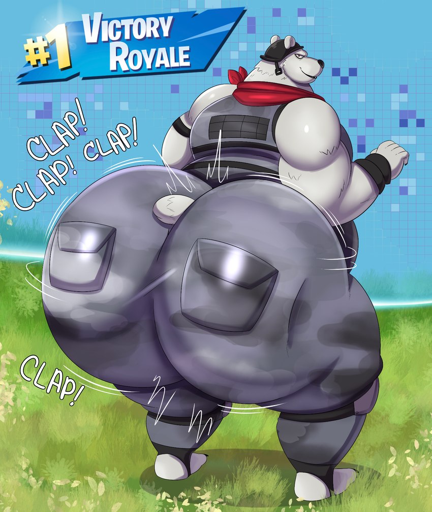 anthro ass_clapping big_butt bubble_butt butt clothing grass huge_butt hyper hyper_butt looking_back male overweight overweight_anthro overweight_male plant solo text megacoolbear_(artist) epic_games fortnite polar_patroller bear mammal polar_bear ursine english_text hi_res