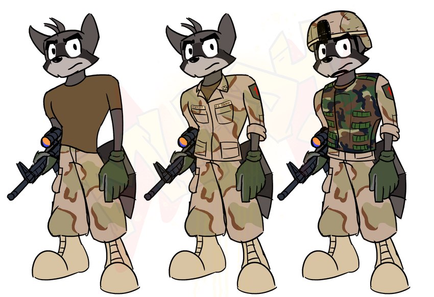 anthro ar-15 armor army boots bottomwear bulletproof_vest carbine cargo_pants clothing combat_boots combat_helmet desert footwear fur gloves grey_body grey_fur hair handwear headgear helmet holding_object holding_weapon looking_at_viewer m4a1 male military pants patch_(fabric) pose ranged_weapon rolled_up_sleeves scope shirt simple_background soldier solo standing t-shirt text toony topwear uniform warrior weapon white_background muddy_(artist) iraq_war anton_(muddy) mammal procyonid raccoon 2023 colored_sketch digital_media_(artwork) english_text hi_res model_sheet sketch watermark