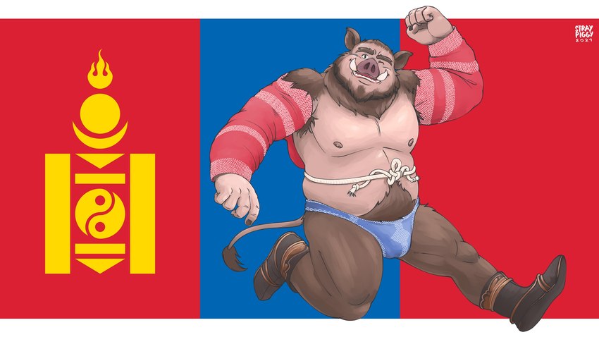 anthro boots border clothing exposed_belly fist_in_air flag flag_background flexing footwear jumping looking_at_viewer male mongolian mongolian_clothing mongolian_flag musclegut muscular muscular_male one_eye_closed shoes sleeves smile smiling_at_viewer solo string tail tail_tuft tuft tusks wink winking_at_viewer wrestling_clothing stray_piggy minotaur_hotel soyombo khenbish_(minotaur_hotel) mammal suid suine sus_(pig) wild_boar 16:9 hi_res watermark widescreen