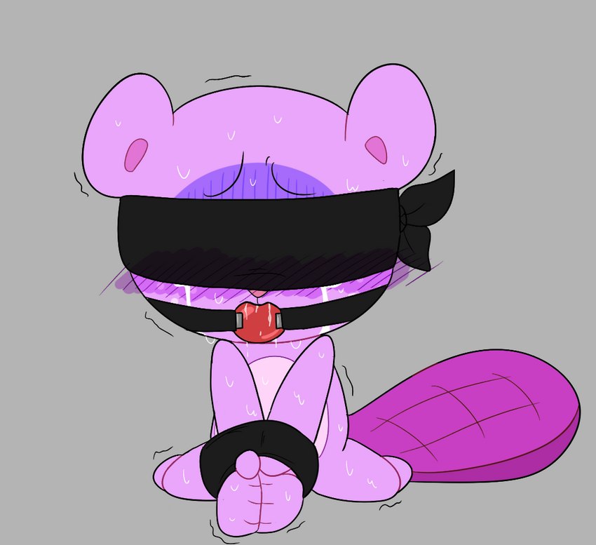 anthro ball_gag bdsm blindfold blush blush_lines bodily_fluids bondage bound chibi cuff_(restraint) drooling gag male restraints saliva scared shaking solo sweat tears young young_anthro v0mitbunny happy_tree_friends toothy_(htf) beaver mammal rodent adult_(lore)