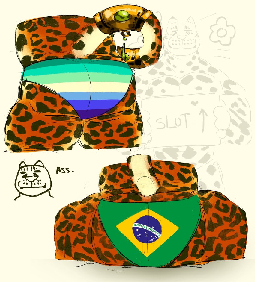 accessory anthro brazil brazilian brazilian_flag butt butt_shot clothing flag_underwear fur furgonomics holding_object holding_sign jewelry lgbt_pride male markings muscular muscular_male panties patriotic_clothing pride_color_clothing pride_color_panties pride_color_underwear pride_colors raised_tail sign solo spots spotted_body spotted_fur tail tail_accessory tail_bracelet tail_jewelry underwear vincian_pride_colors swaggyurgh benicio_(swaggyurgh) felid jaguar mammal pantherine hi_res