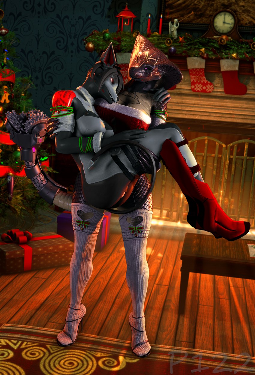 5_fingers anthro black_hair black_nose brown_body brown_scales brown_skin christmas_clothing christmas_decorations christmas_lights christmas_tree clothed clothed_anthro clothed_female clothing costume cybernetic_face cybernetic_limb cybernetic_tail cybernetics drill_tail duo female female/female fingers fireplace footwear furniture grey_body grey_skin hair high_heels holidays humanoid_hands inside legwear leotard long_boots machine multicolored_body multicolored_scales multicolored_skin plant purple_eyes red_eyes scales shoes smile smiley_face standing stockings suit tail topwear tree white_body white_scales white_skin xpasha122x christmas petruz_(copyright) amelia_(petruz) sab_(petruz) android canid canine canis cobra cyborg jackal mammal reptile robot scalie snake 2024 3d_(artwork) absurd_res digital_media_(artwork) hi_res source_filmmaker_(artwork)