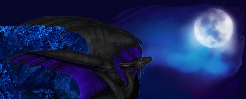 ambiguous_gender black_body blue_fins cloud detailed_background fantasy feral full_moon glowing looking_up membrane_(anatomy) membranous_wings moon night red_eyes sitting solo space star wings selianth mythology dragon mythological_creature mythological_scalie scalie hi_res