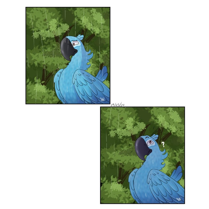 beak black_beak blue_body blue_feathers date feathers feral forest jungle male onomatopoeia plant solo sound_effects text tree yuki2437 blue_sky_studios rio_(series) blu_(rio) avian bird macaw neotropical_parrot parrot spix's_macaw true_parrot comic digital_drawing_(artwork) digital_media_(artwork) signature