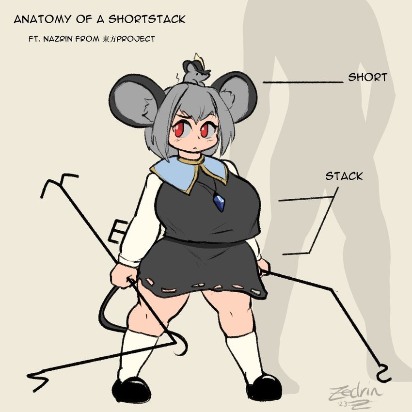 big_breasts breasts clothing comparing dowsing_rod exposure_variation female grey_hair hair huge_breasts looking_aside red_eyes short_stack simple_background solo standing text thick_thighs zedrin asian_mythology east_asian_mythology japanese_mythology mythology touhou nazrin animal_humanoid humanoid mammal mammal_humanoid murid murid_humanoid murine murine_humanoid rat_humanoid rodent rodent_humanoid yokai 1:1 2023 english_text signature